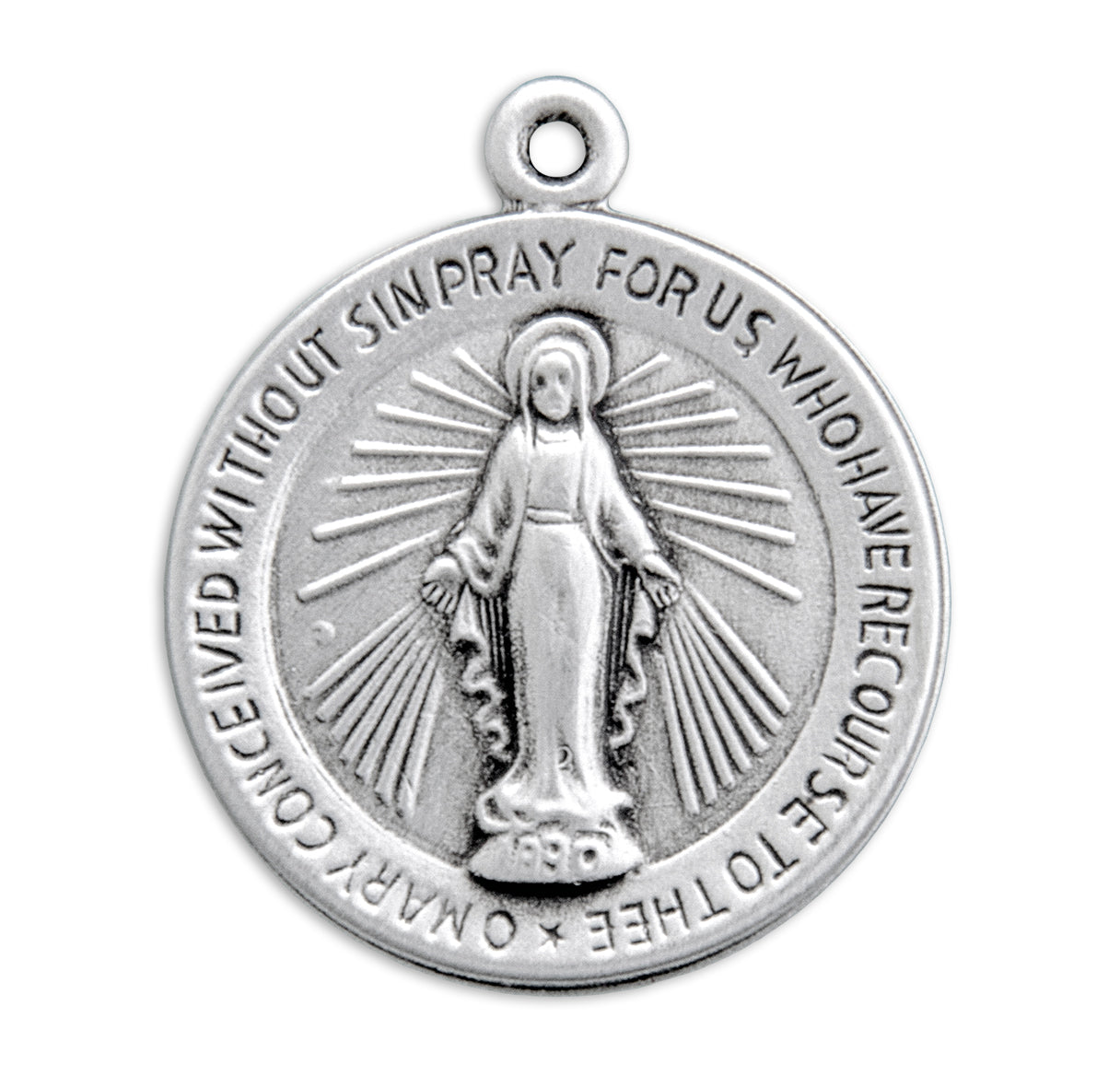 Sterling Silver Round Miraculous Medal Pendant with Chain | .925 Silver