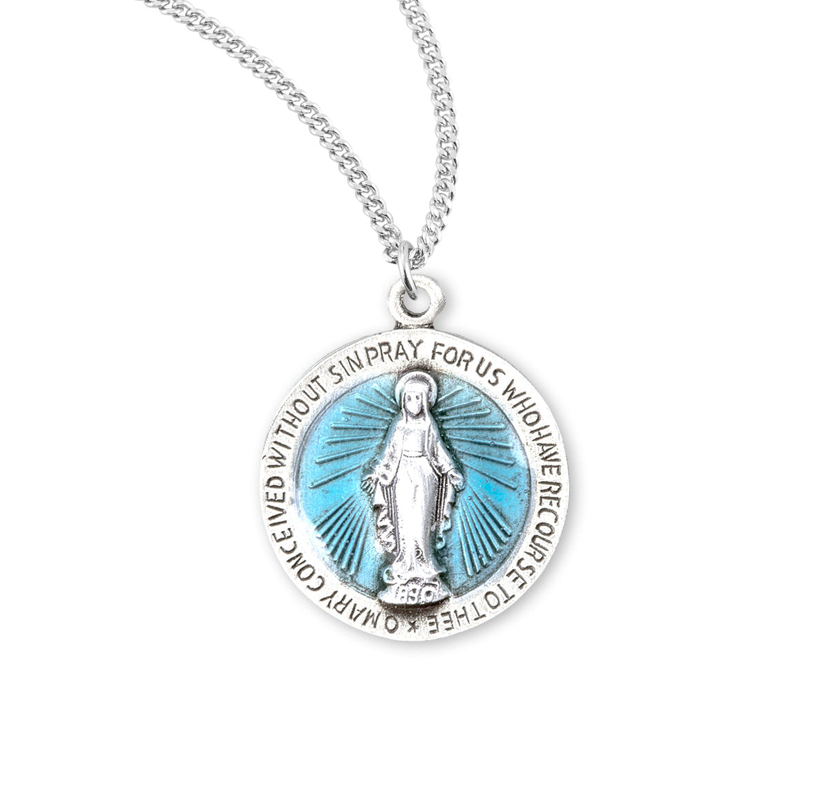 Sterling Silver Miraculous Medal with Blue Epoxy Necklace | .925 Silver