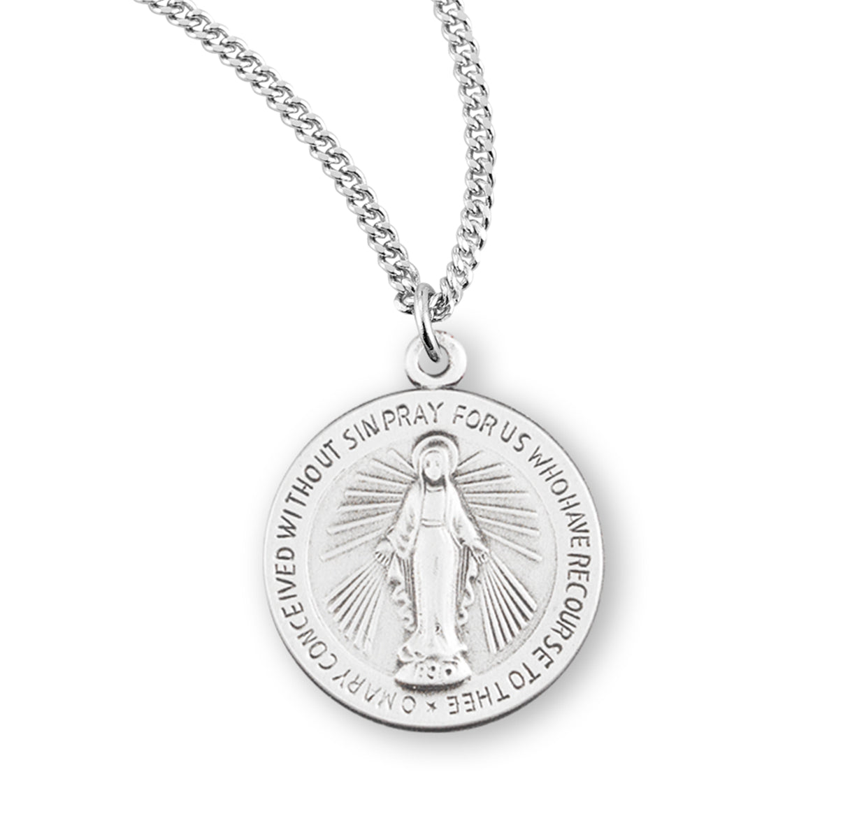 Sterling Silver Round Miraculous Medal Pendant with Chain | .925 Silver