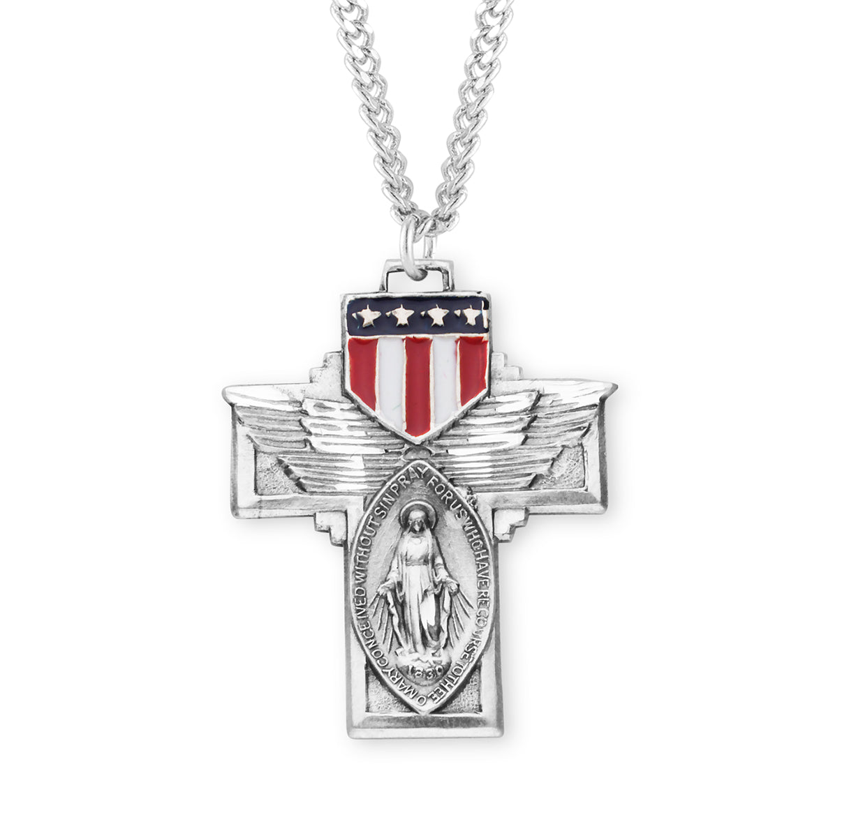 Military "Winged" Sterling Silver Miraculous Medal Pendant with Chain | .925 Silver