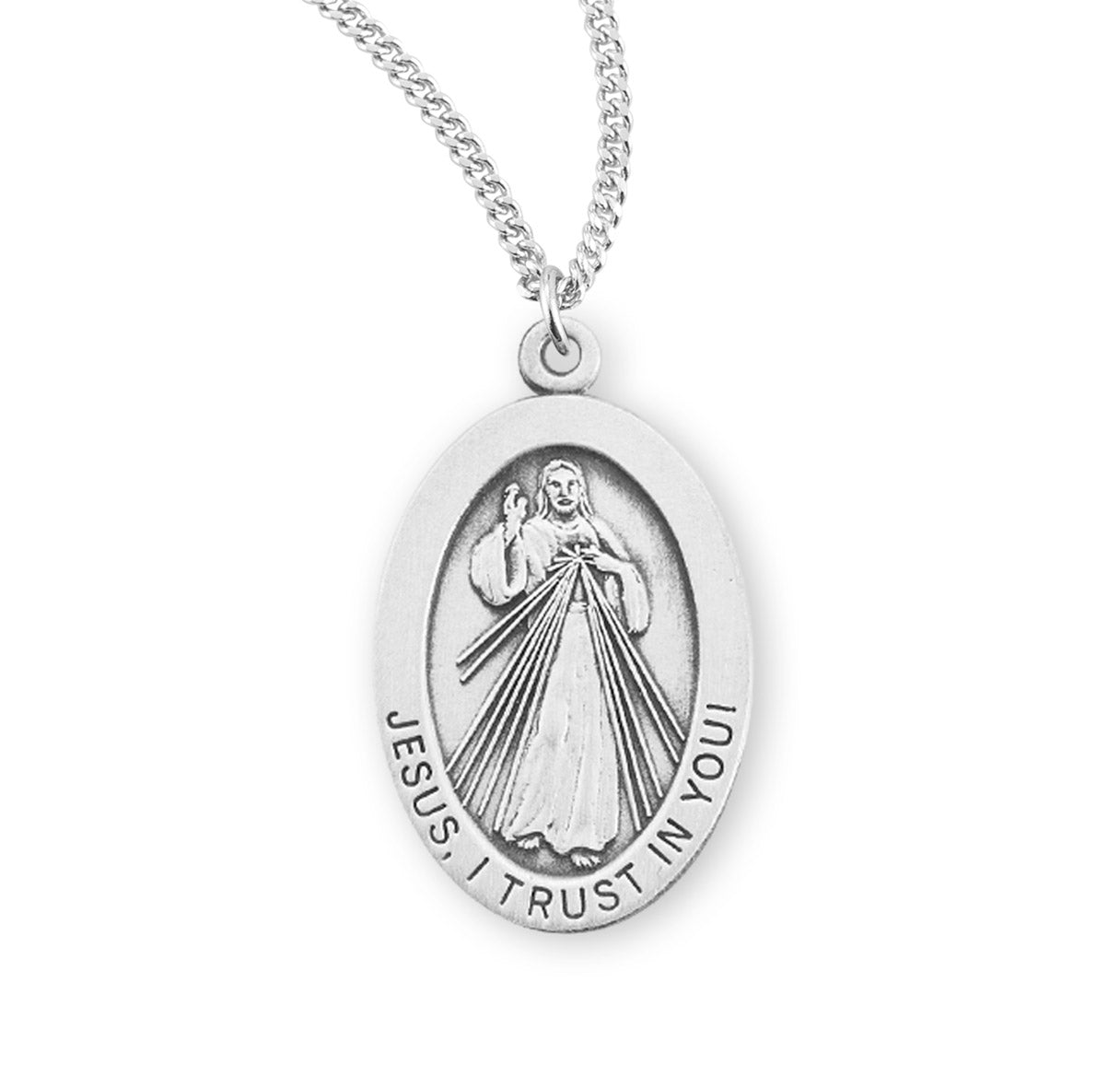Divine Mercy Oval Sterling Silver Medal Pendant with Chain | .925 Silver