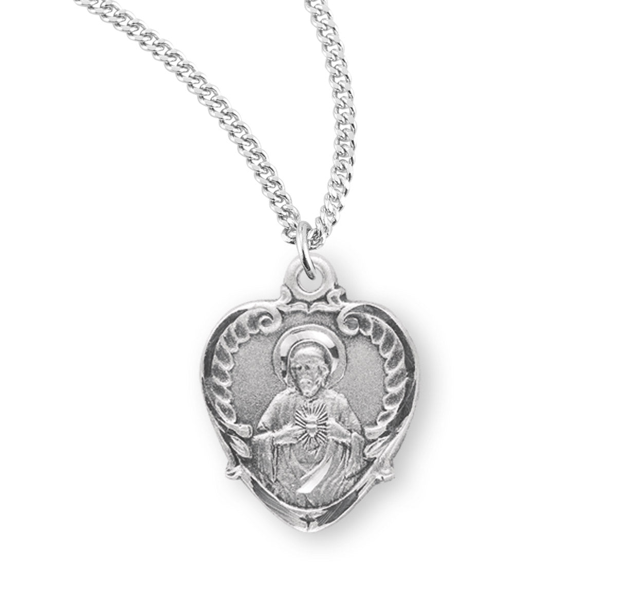 Sterling Silver Scapular Sacred Heart of Jesus Double Sided Medal Pendant with Chain | .925 Silver