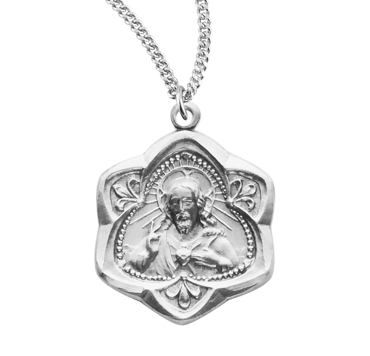 Sacred Heart of Jesus Sterling Silver Scapular Double Sided Medal Pendant with Chain | .925 Silver