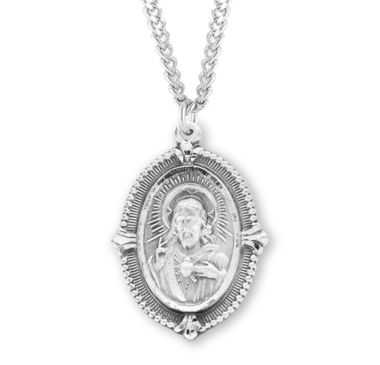 Sterling Silver Scapular Sacred Heart of Jesus Double Sided Medal Pendant with Chain | .925 Silver