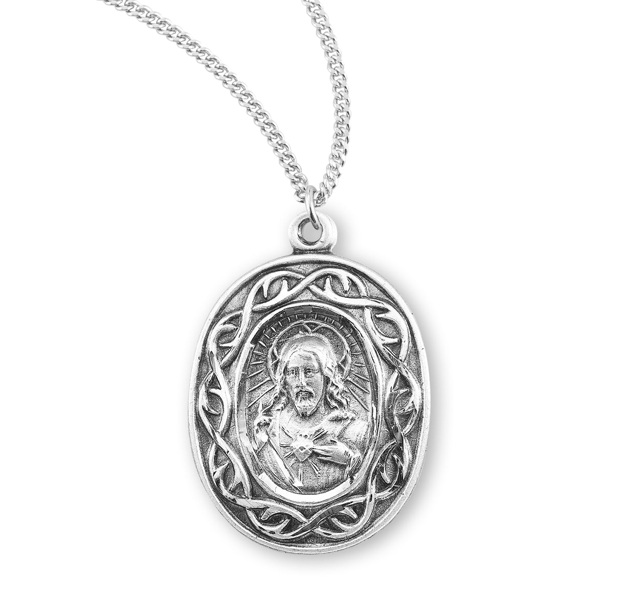 "Crown of Thorns" Sterling Silver Scapular Double Sided Medal Pendant with Chain | .925 Silver
