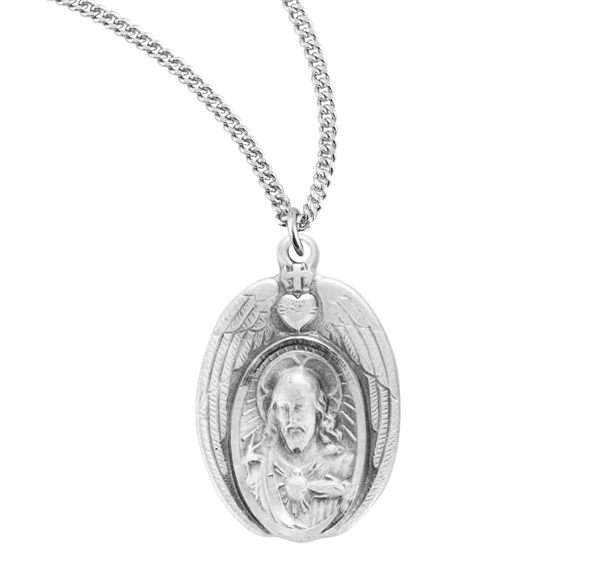 Sterling Silver Scapular Sacred Heart of Jesus Double Sided Medal Pendant with Chain | .925 Silver
