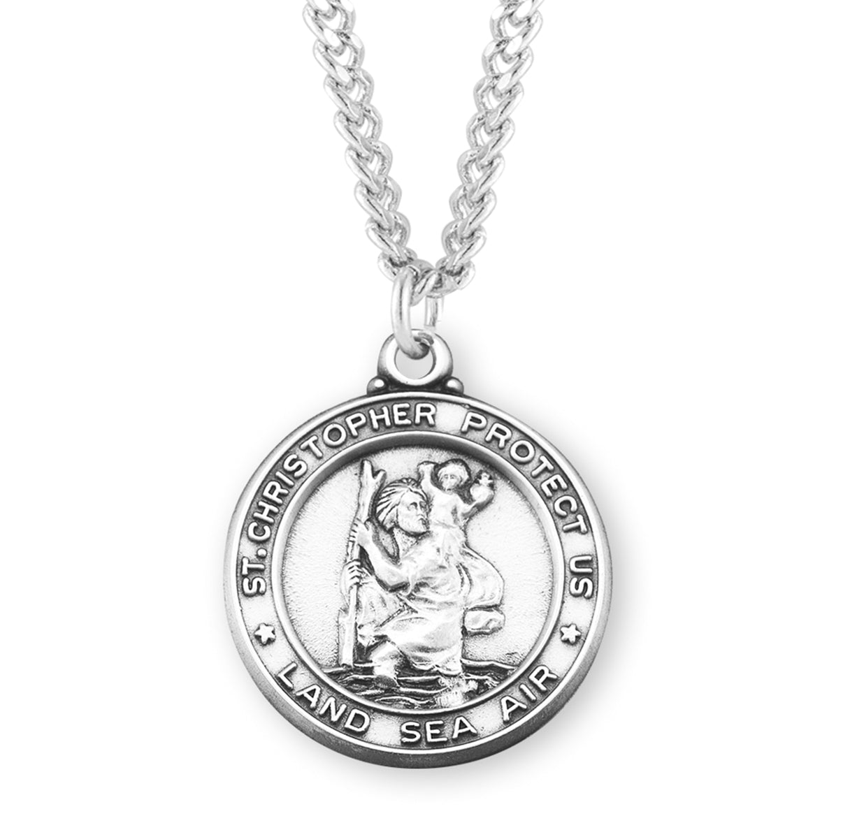 Saint Christopher Protect Us Round Sterling Silver Medal Pendant with Chain | .925 Silver