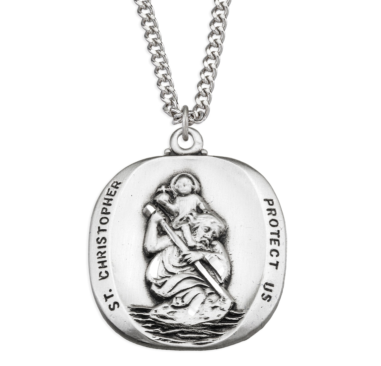 Saint Christopher Protect Us Rounded Edge Sterling Silver Medal Pendant with Chain | .925 Silver