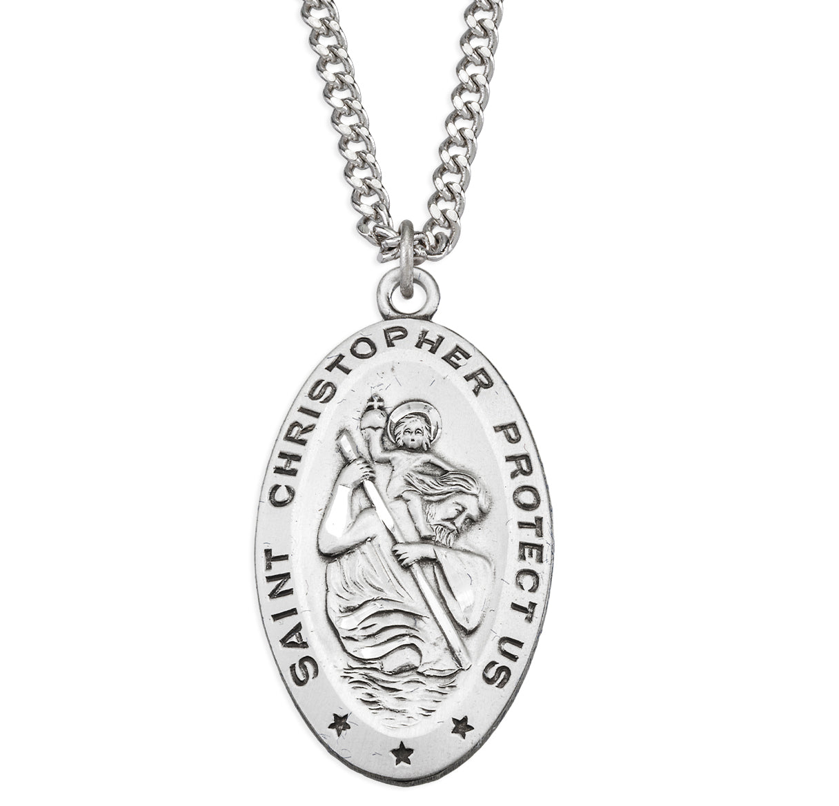 Saint Christopher Protect Us Oval Saint Christopher Protect Us Sterling Silver Medal Pendant with Chain | .925 Silver