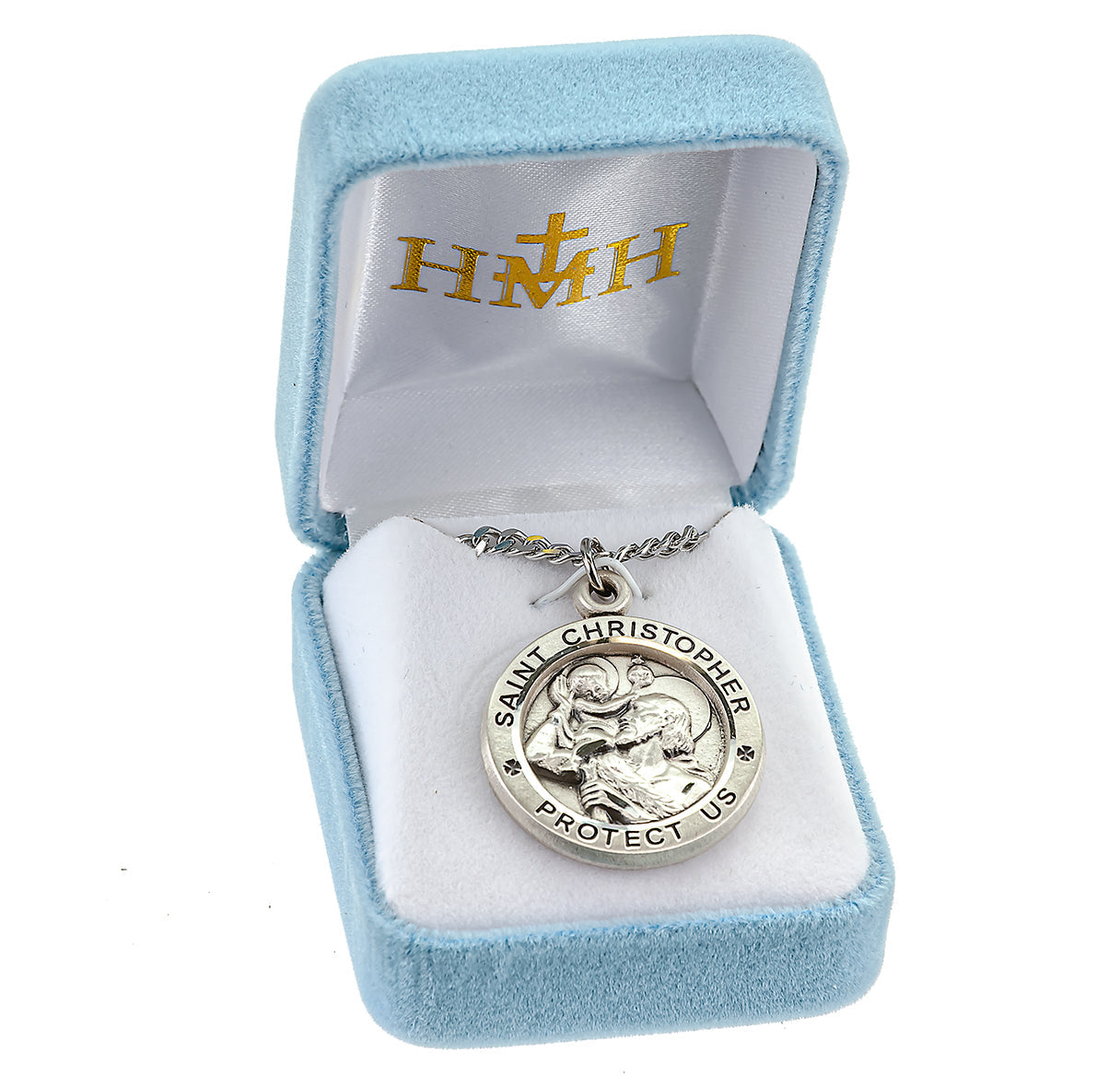 Saint Christopher Protect Us Round Sterling Silver Medal Pendant with Chain | .925 Silver