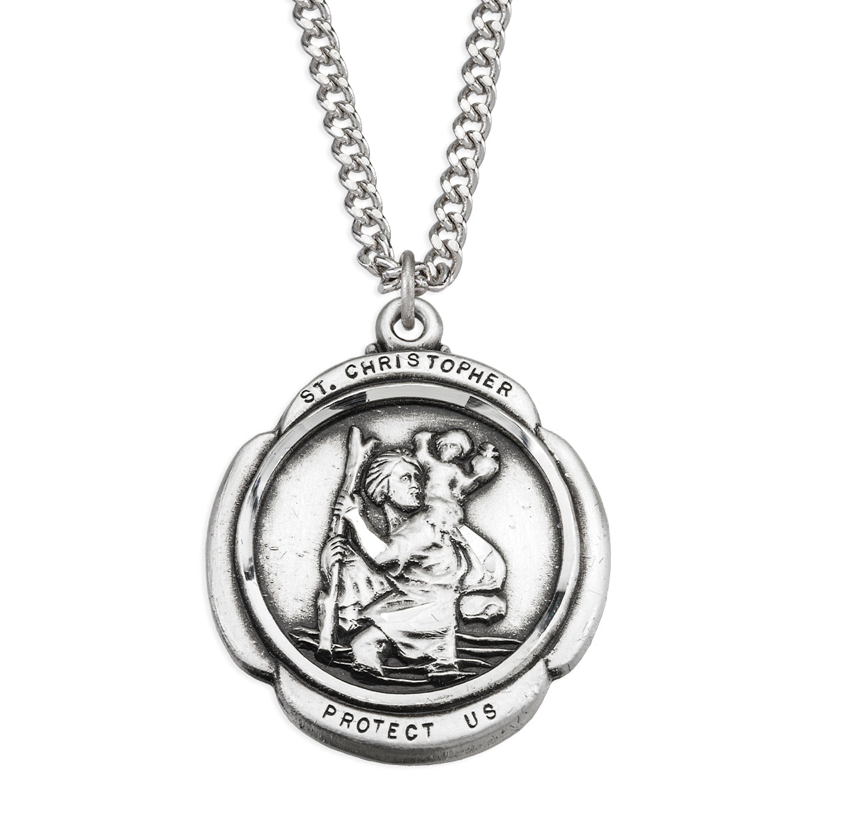 Saint Christopher Protect Us Rounded Cross Sterling Silver Medal Pendant with Chain | .925 Silver