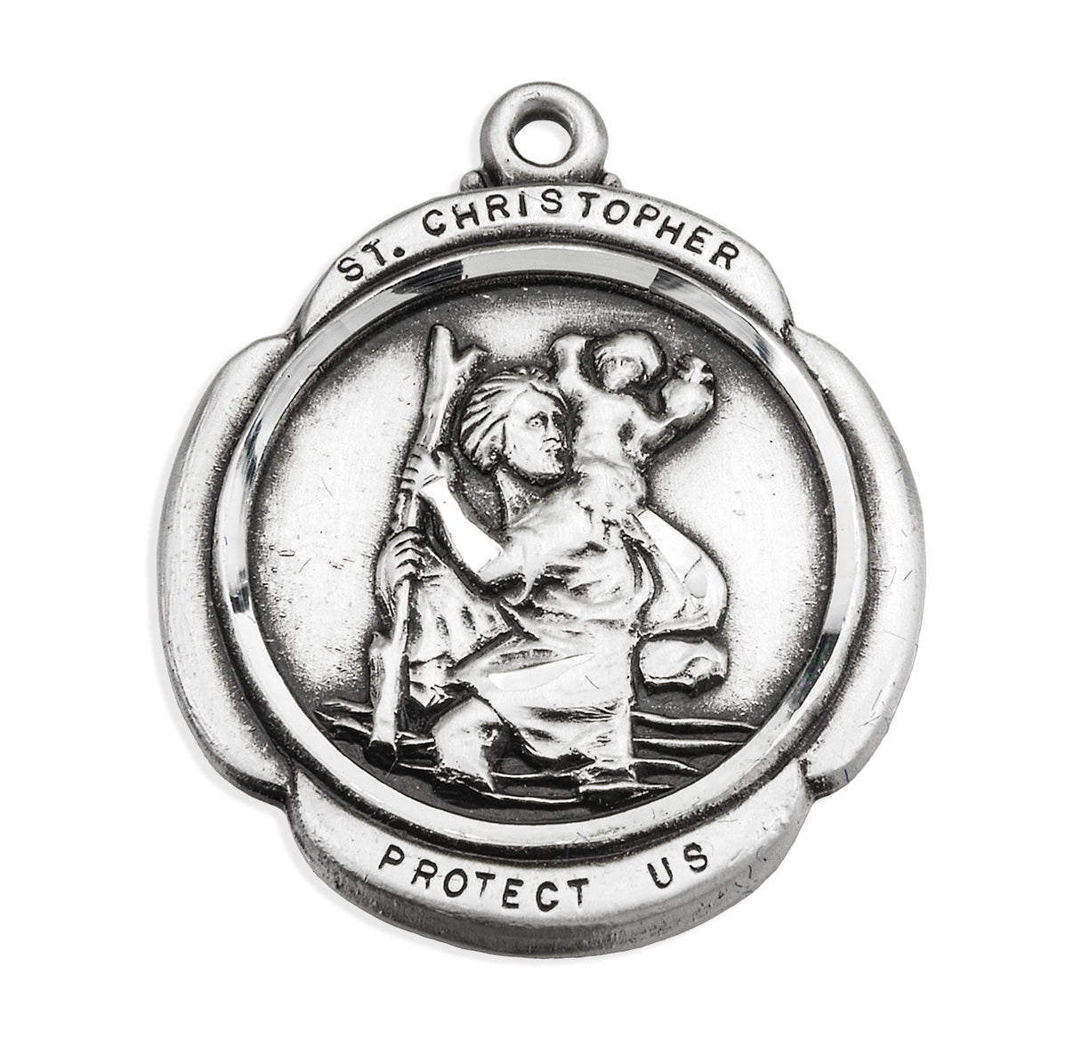 Saint Christopher Protect Us Rounded Cross Sterling Silver Medal Pendant with Chain | .925 Silver