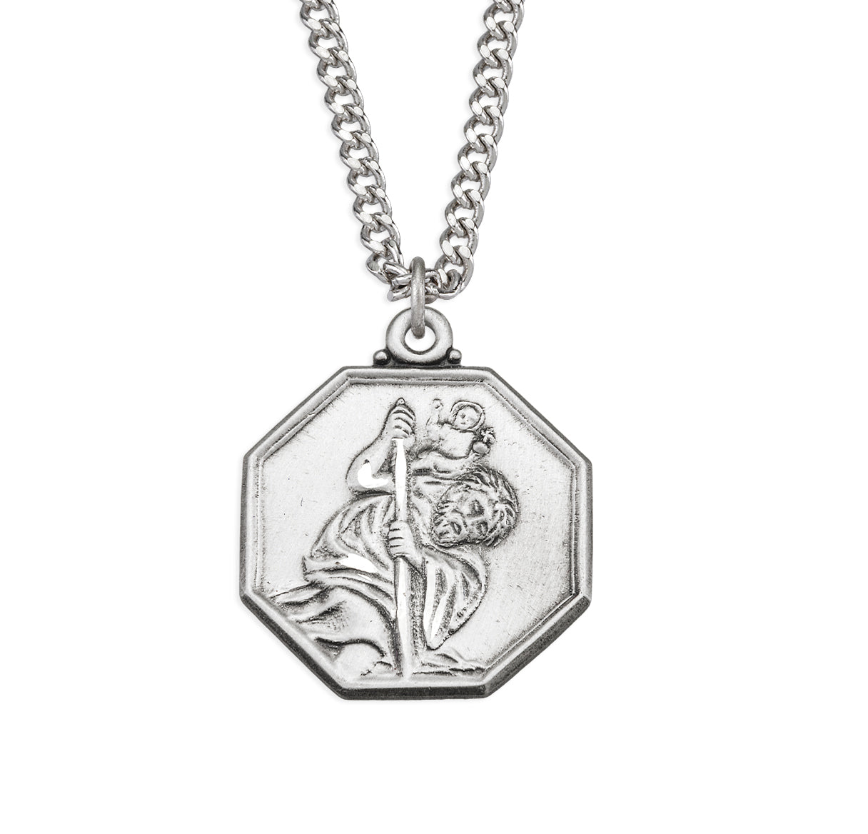 Saint Christopher Protect Us Octagon Sterling Silver Medal Pendant with Chain | .925 Silver