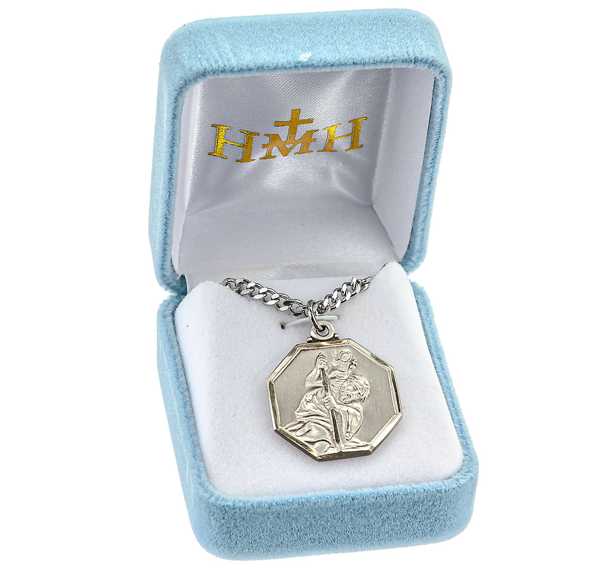 Saint Christopher Protect Us Octagon Sterling Silver Medal Pendant with Chain | .925 Silver