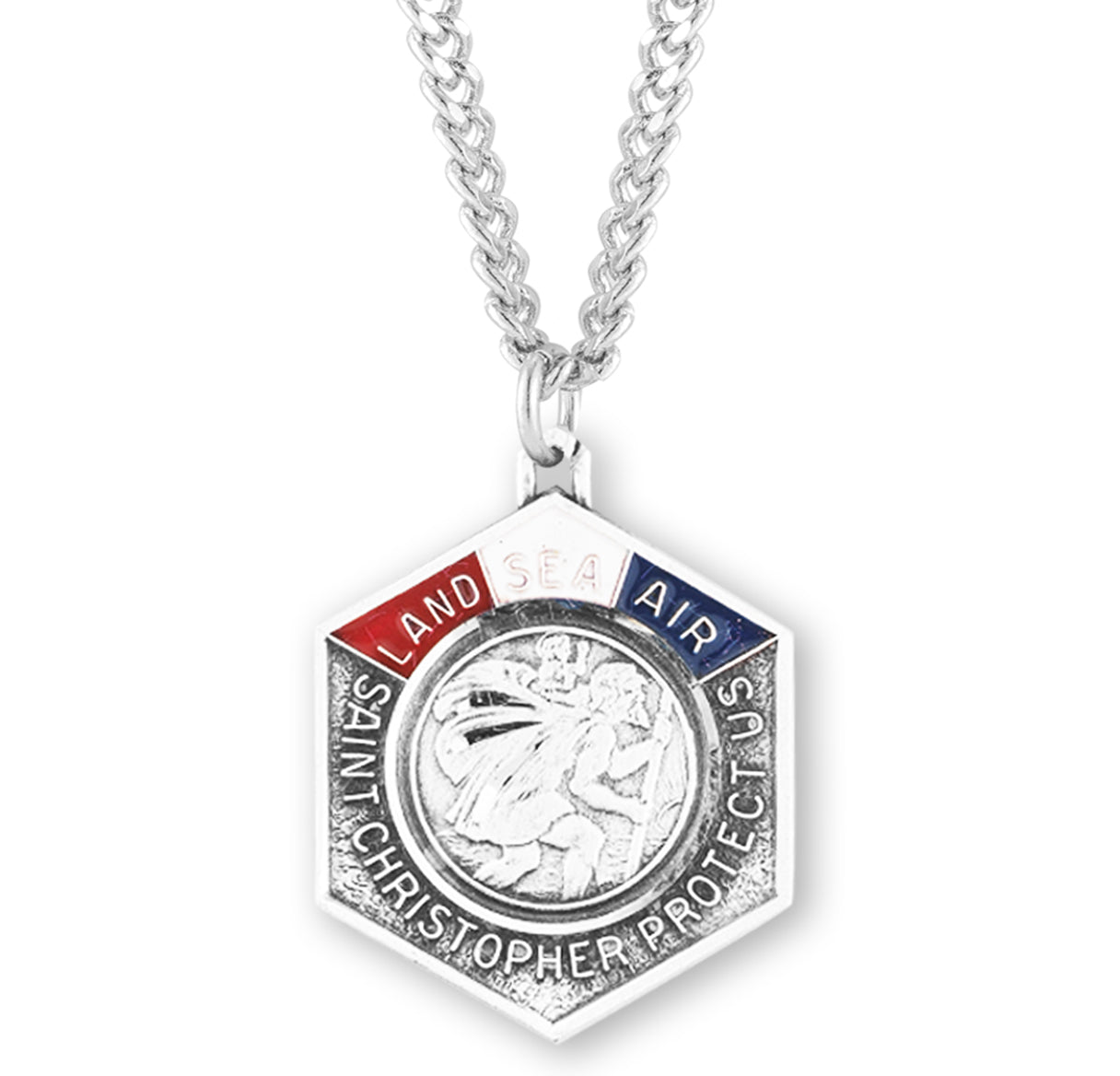 Saint Christopher Protect Us Land, Sea, and Air Enameled Sterling Silver Medal Pendant with Chain | .925 Silver