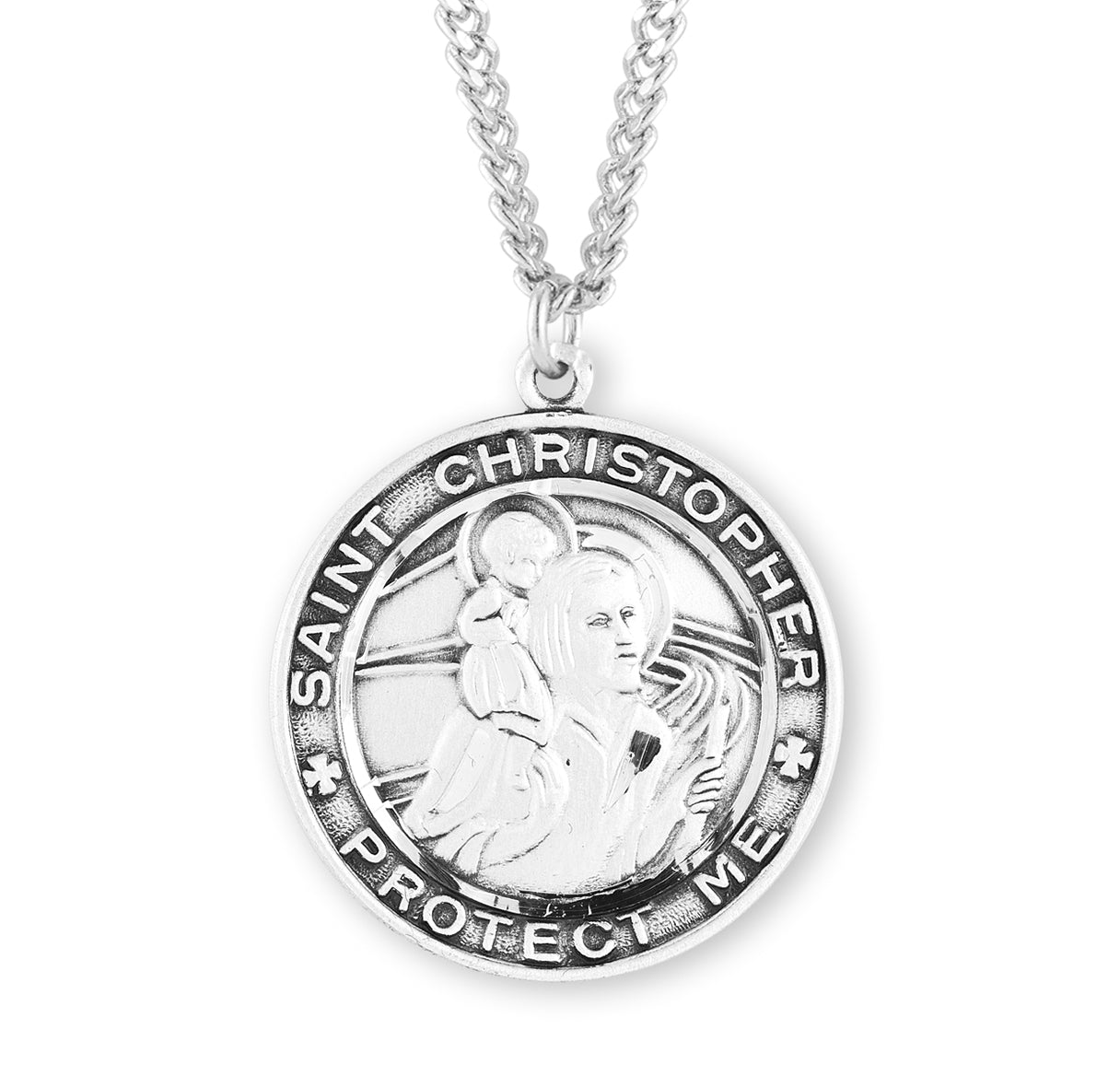 Saint Christopher Protect Us Round Sterling Silver Medal Pendant with Chain | .925 Silver