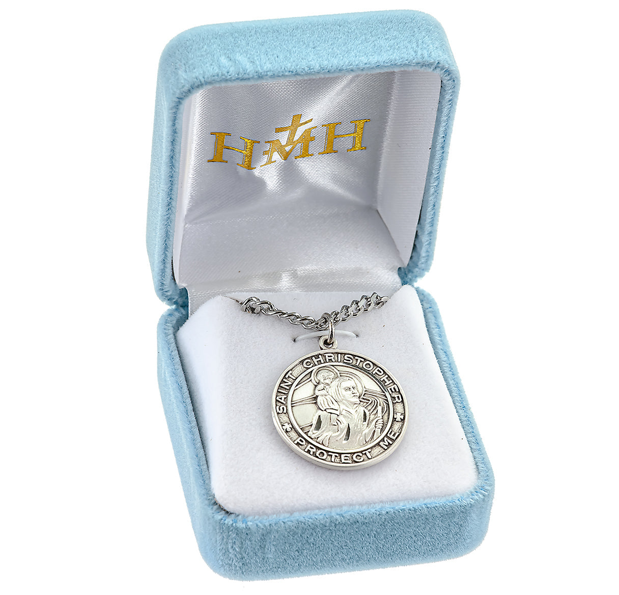 Saint Christopher Protect Us Round Sterling Silver Medal Pendant with Chain | .925 Silver