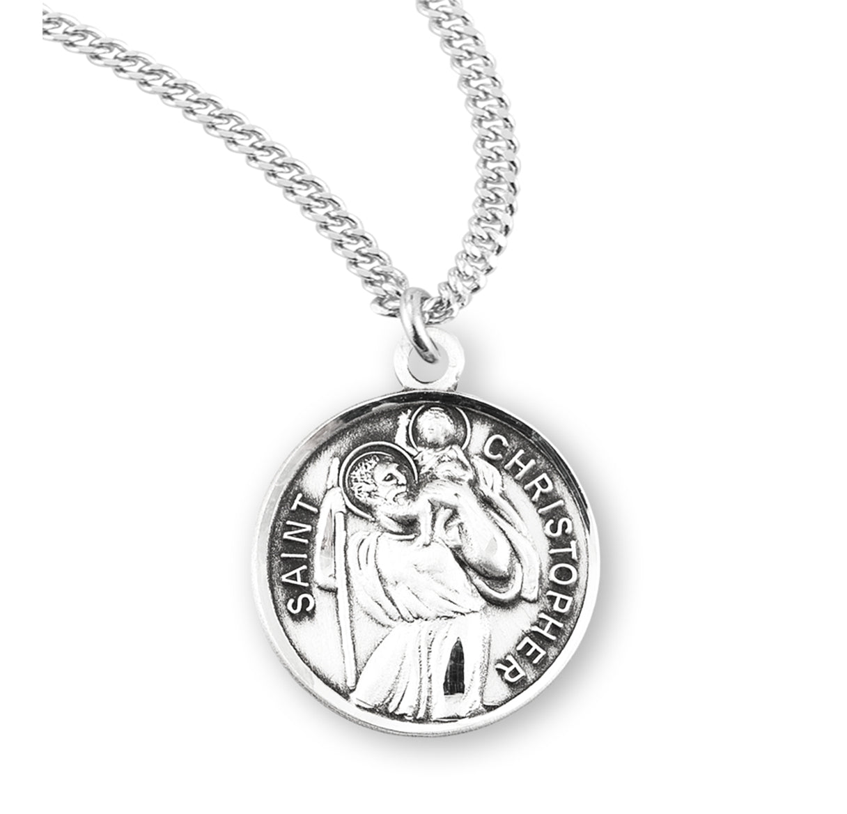 Saint Christopher Protect Us Round Sterling Silver Medal Pendant with Chain | .925 Silver