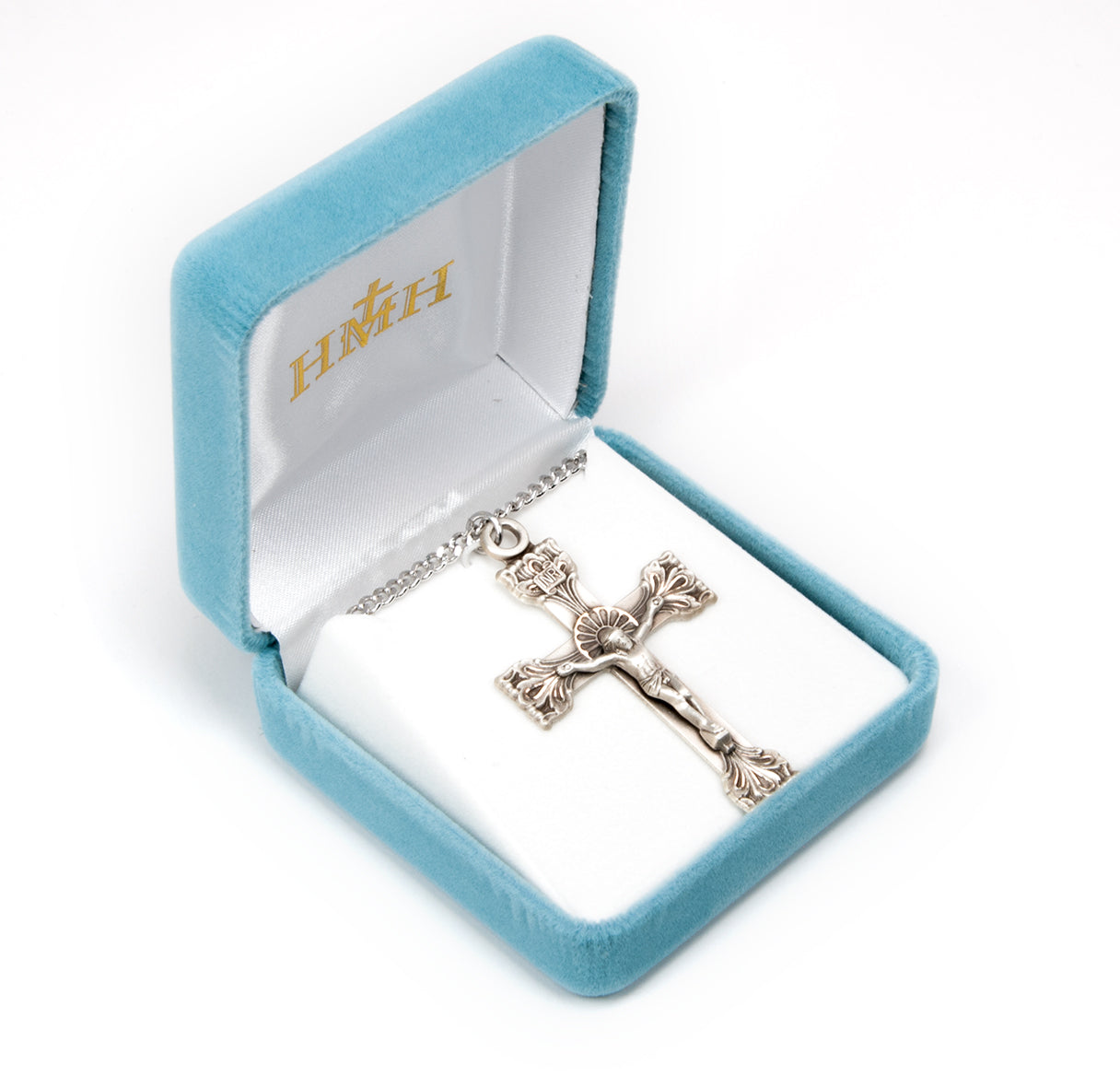 Extended Leaf Etched Sterling Silver Crucifix Necklace | .925 Silver