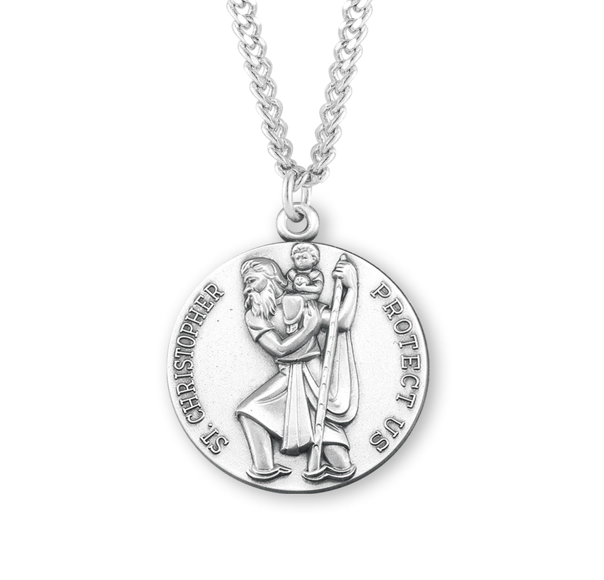 Saint Christopher Protect Us Round Sterling Silver Medal Pendant with Chain | .925 Silver