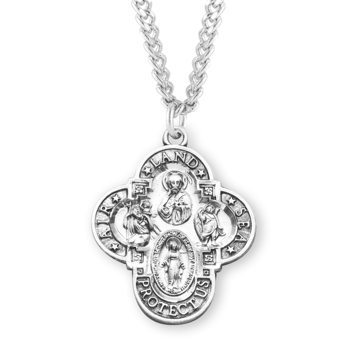 Land-Sea-Air Sterling Silver 4-Way Cross Medal Pendant with Chain | .925 Silver