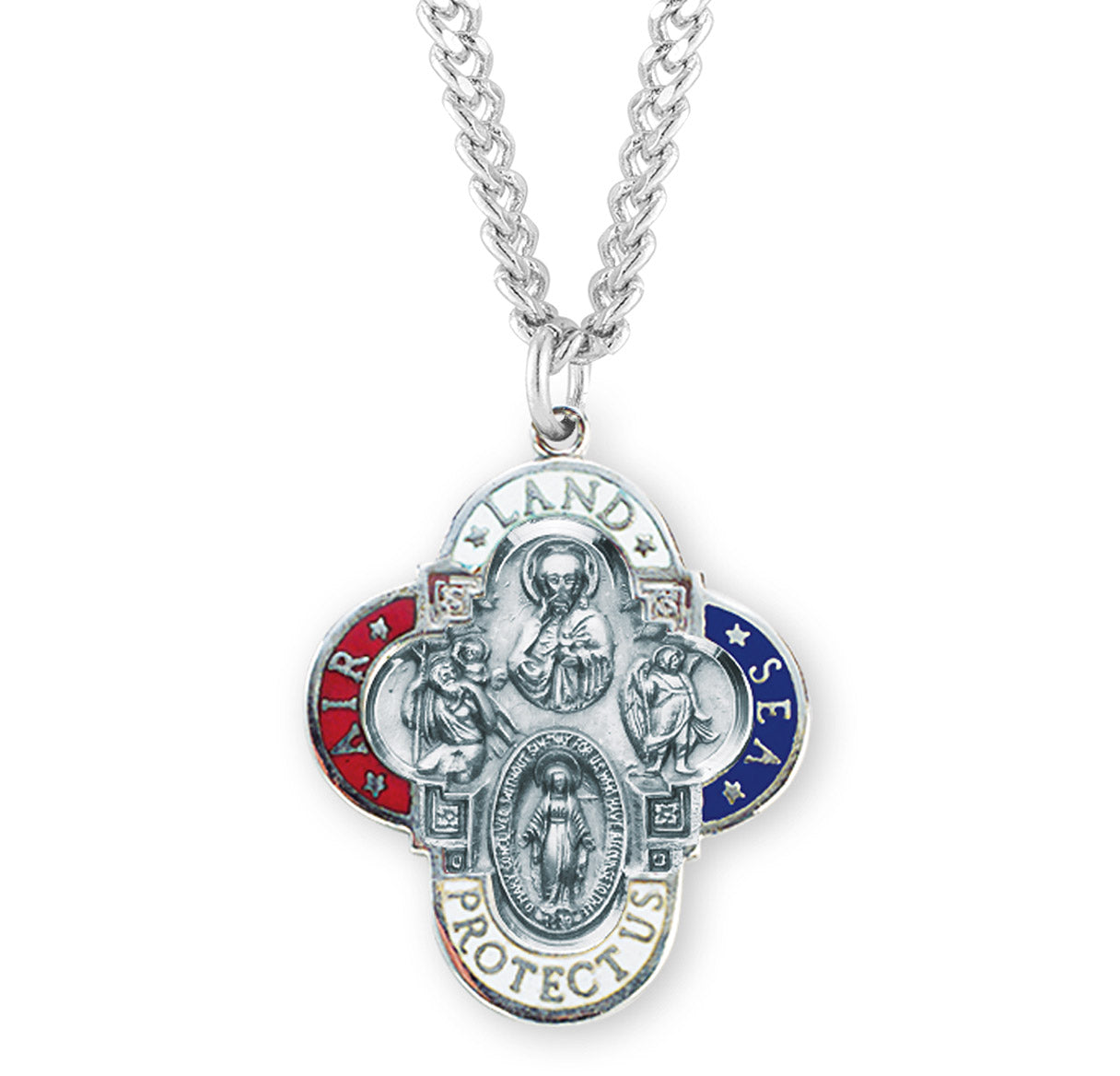 Land-Sea-Air Enameled Sterling Silver 4-Way Cross Medal Pendant with Chain | .925 Silver