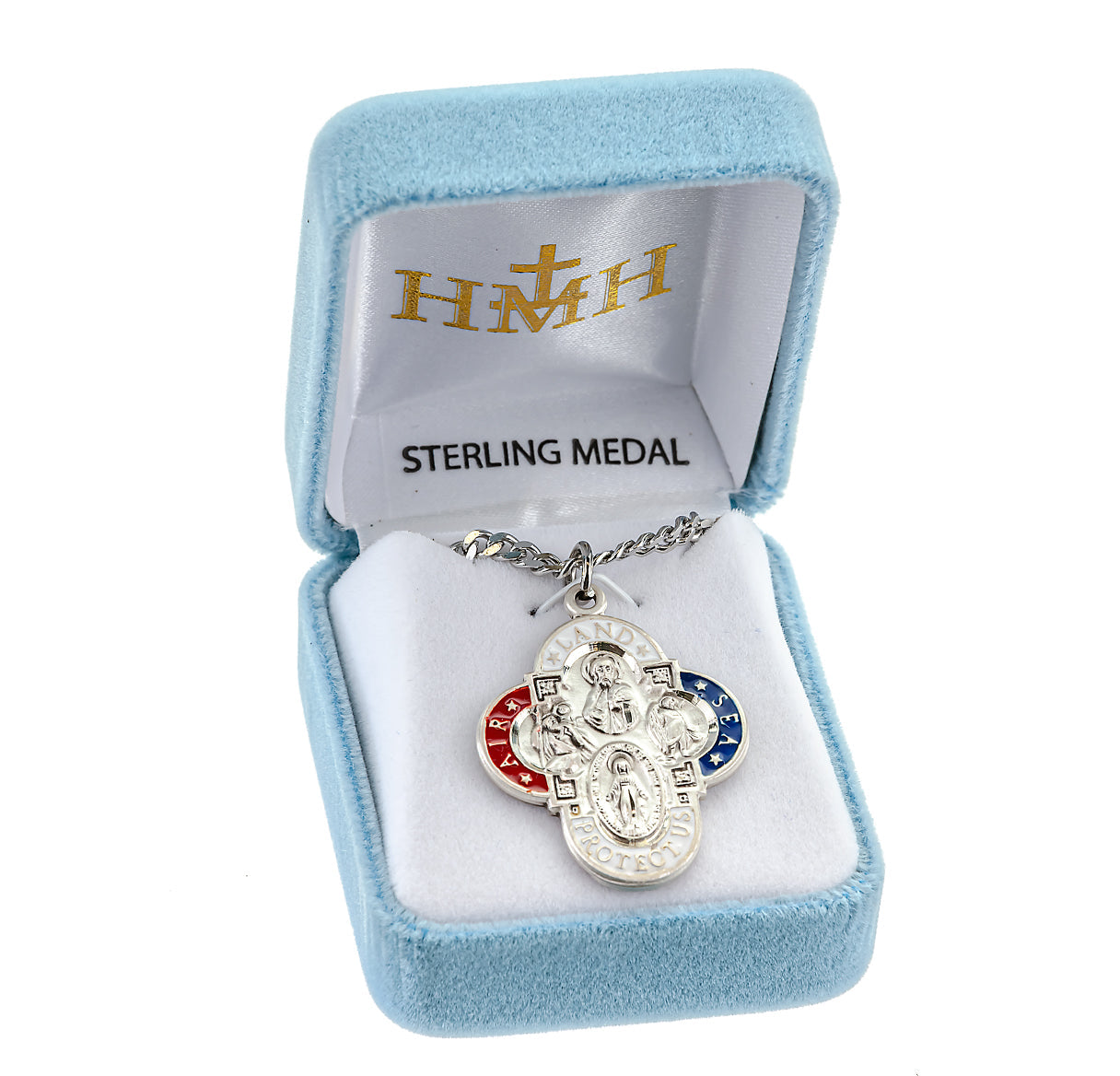 Land-Sea-Air Enameled Sterling Silver 4-Way Cross Medal Pendant with Chain | .925 Silver