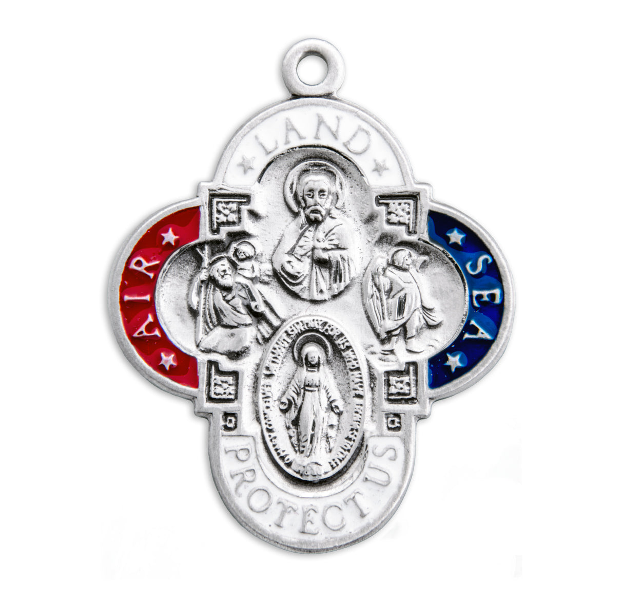 Land-Sea-Air Enameled Sterling Silver 4-Way Cross Medal Pendant with Chain | .925 Silver