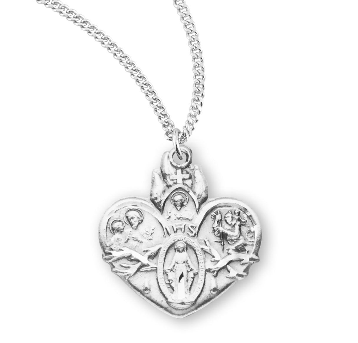 Sterling Silver Heart Shape 4-Way Cross Medal Pendant with Chain | .925 Silver