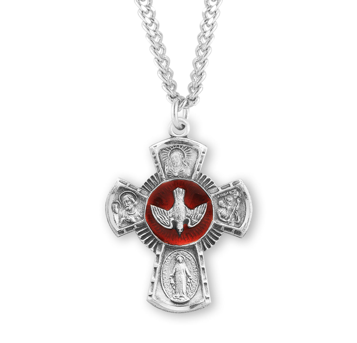 Sterling Silver Red Enameled 4-Way Cross Medal Pendant with Chain | .925 Silver