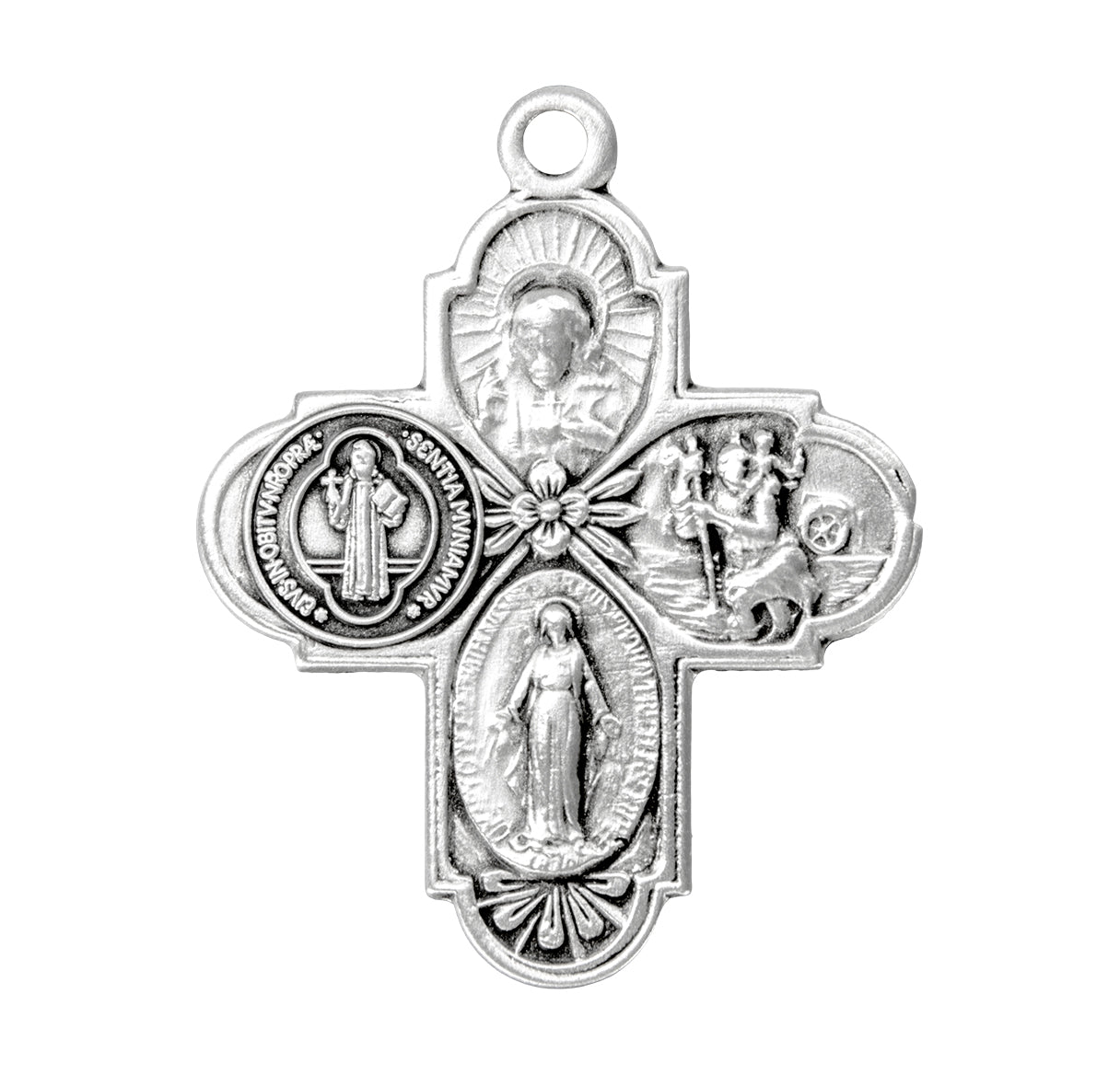 Saint Benedict Sterling Silver Four Way Medal Pendant with Chain | .925 Silver