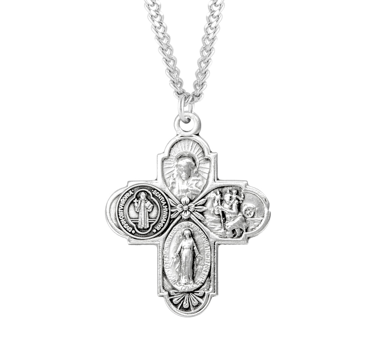 Saint Benedict Sterling Silver Four Way Medal Pendant with Chain | .925 Silver