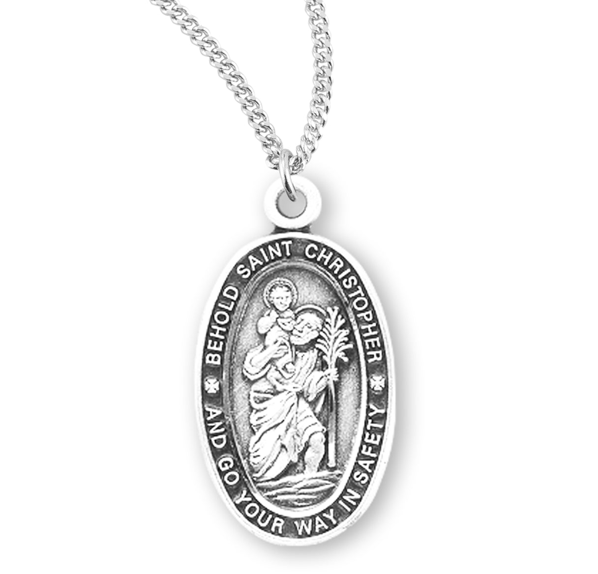 Saint Christopher Protect Us Oval Sterling Silver Medal Pendant with Chain | .925 Silver