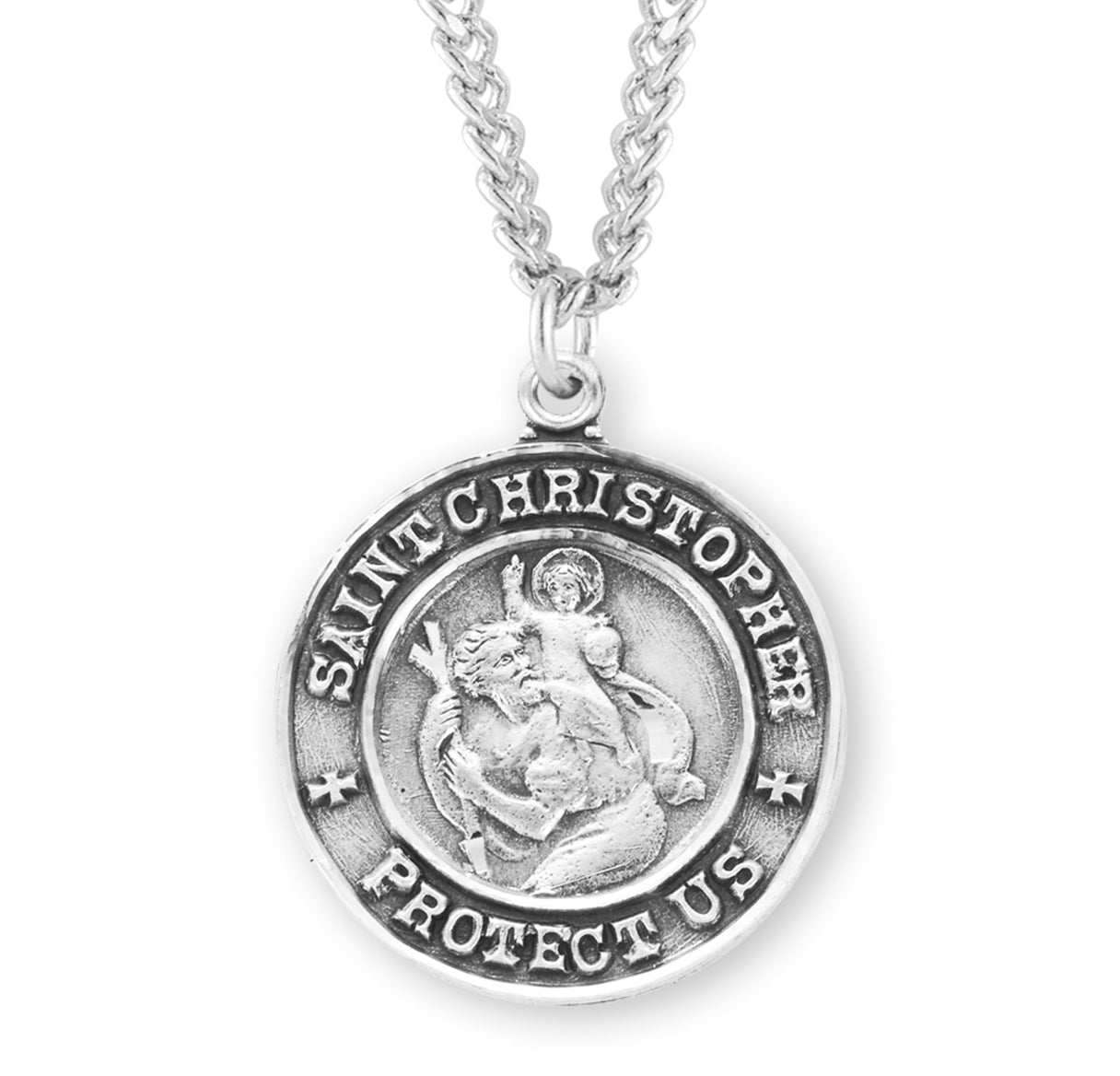 Saint Christopher Protect Us Round Sterling Silver Medal Pendant with Chain | .925 Silver