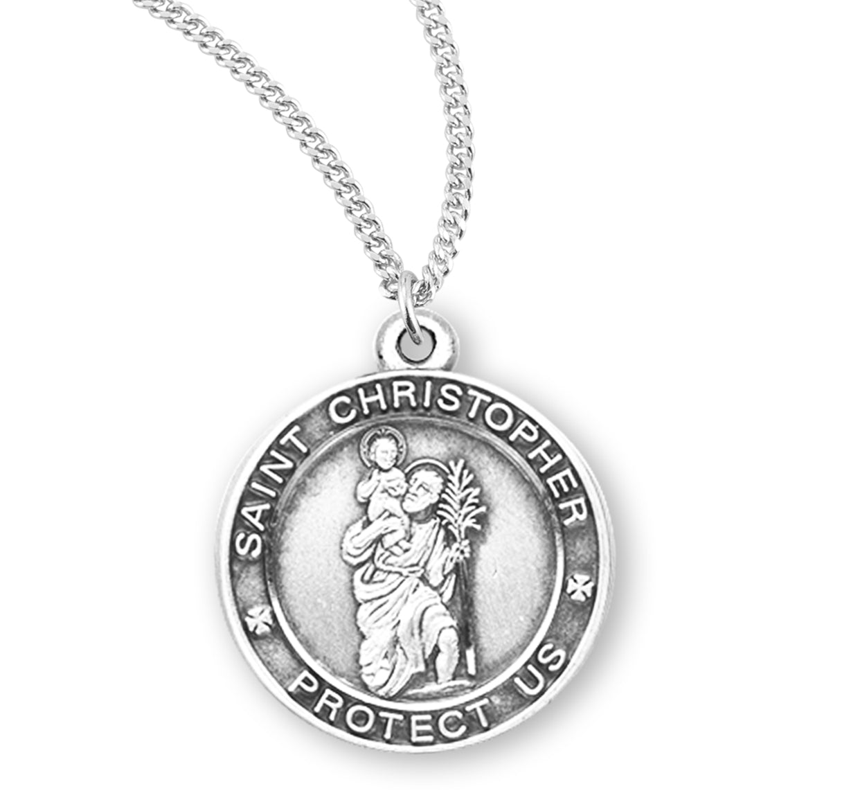 Saint Christopher Protect Us Round Sterling Silver Medal Pendant with Chain | .925 Silver