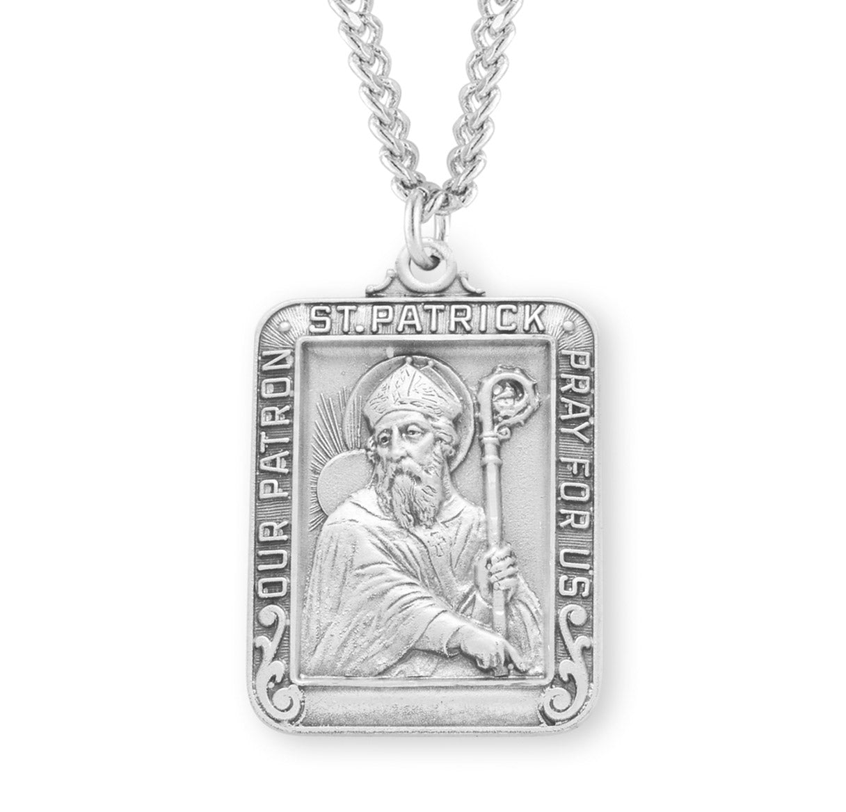 Saint Patrick Square Sterling Silver Medal Pendant with Chain | .925 Silver