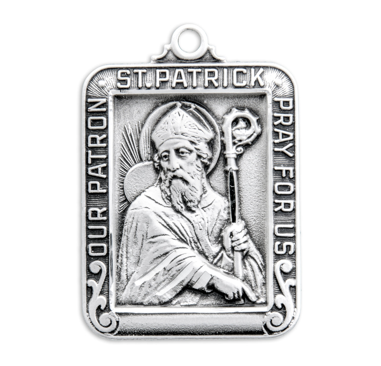 Saint Patrick Square Sterling Silver Medal Pendant with Chain | .925 Silver