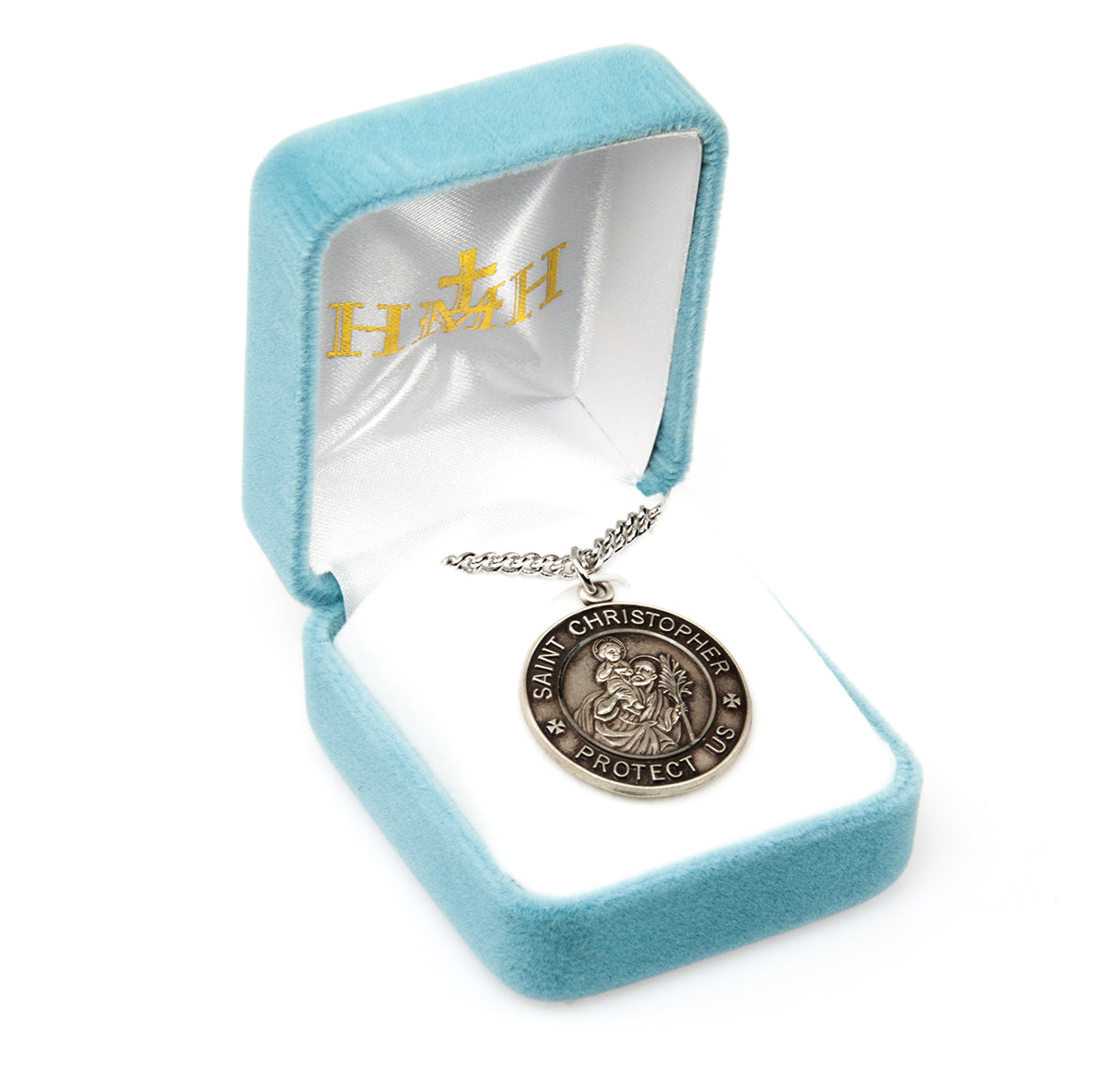 Saint Christopher Protect Us Round Military Medal Pendant with Chain | Catholic Jewelry