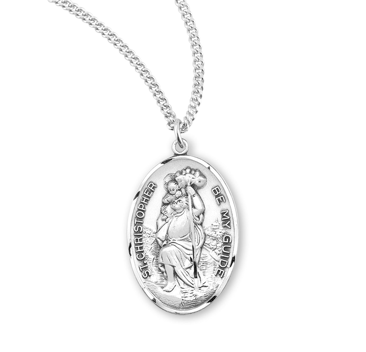 Saint Christopher Protect Us Oval Sterling Silver Medal Pendant with Chain | .925 Silver