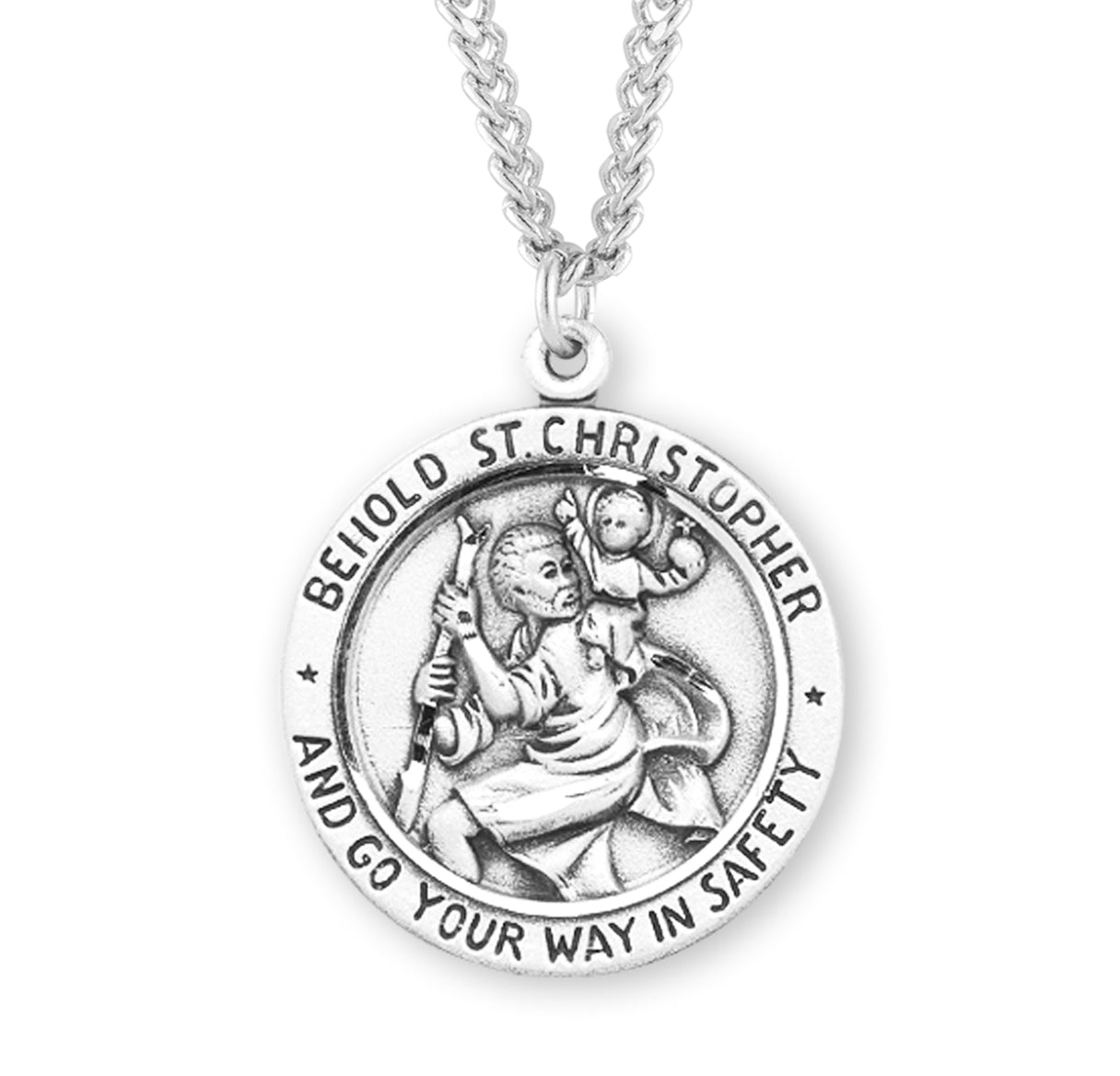 Saint Christopher Protect Us Round Sterling Silver Medal Pendant with Chain | .925 Silver