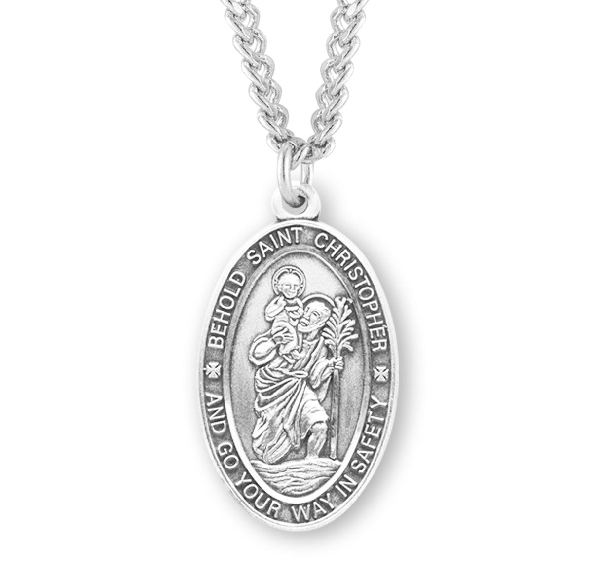 Saint Christopher Protect Us Oval Sterling Silver Medal Pendant with Chain | .925 Silver