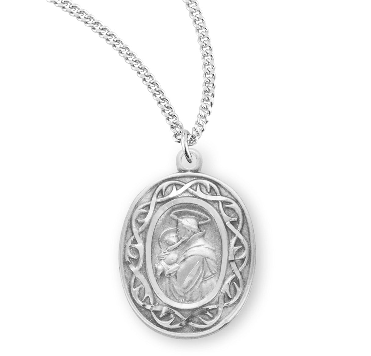 Saint Anthony Oval Sterling Silver "Crown of Thorns" Medal Pendant with Chain | .925 Silver