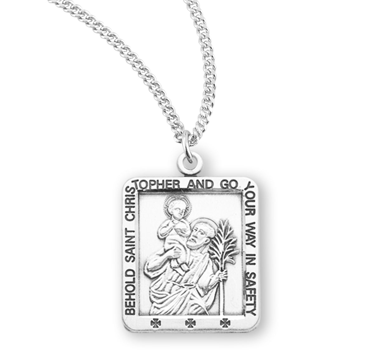 Saint Christopher Protect Us Square Sterling Silver Medal Pendant with Chain | .925 Silver