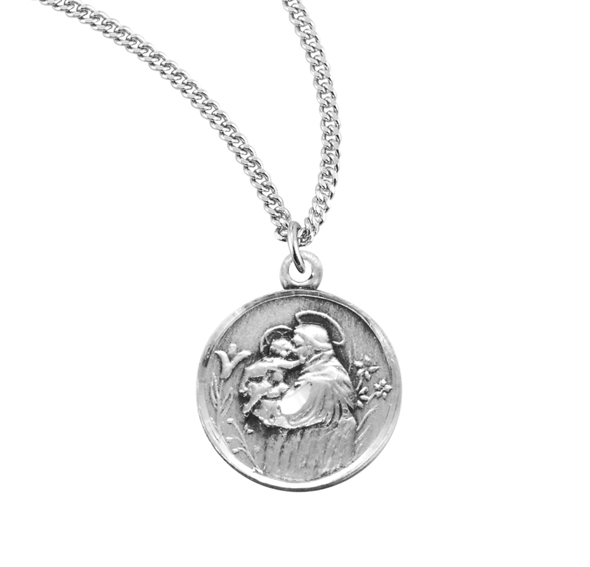 Saint Anthony Round Sterling Silver Medal Pendant with Chain | .925 Silver