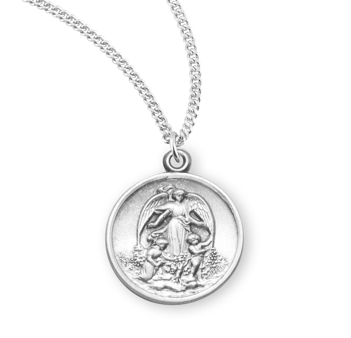 Guardian Angel Round Sterling Silver Medal Pendant with Chain | .925 Silver