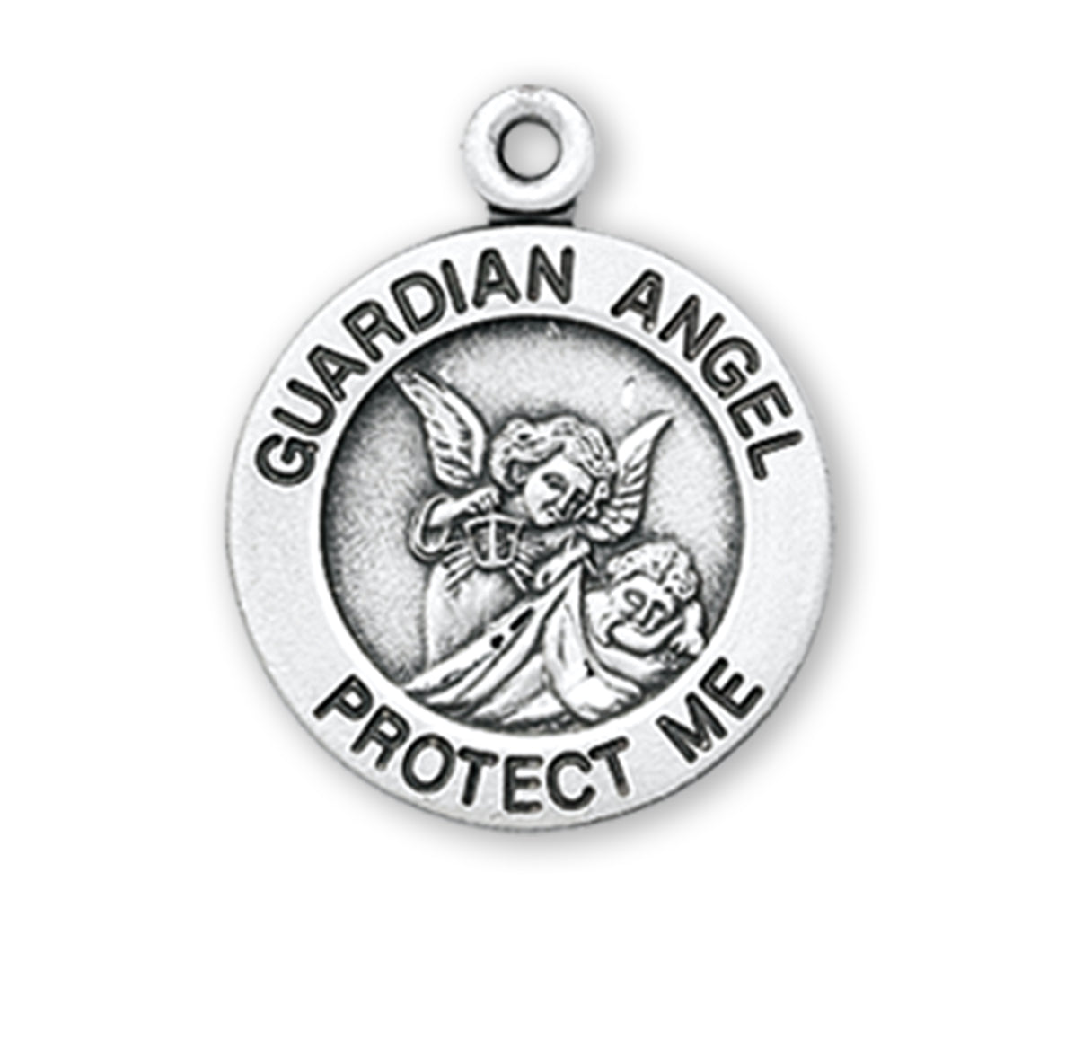 Guardian Angel Round Sterling Silver Medal Pendant with Chain | .925 Silver