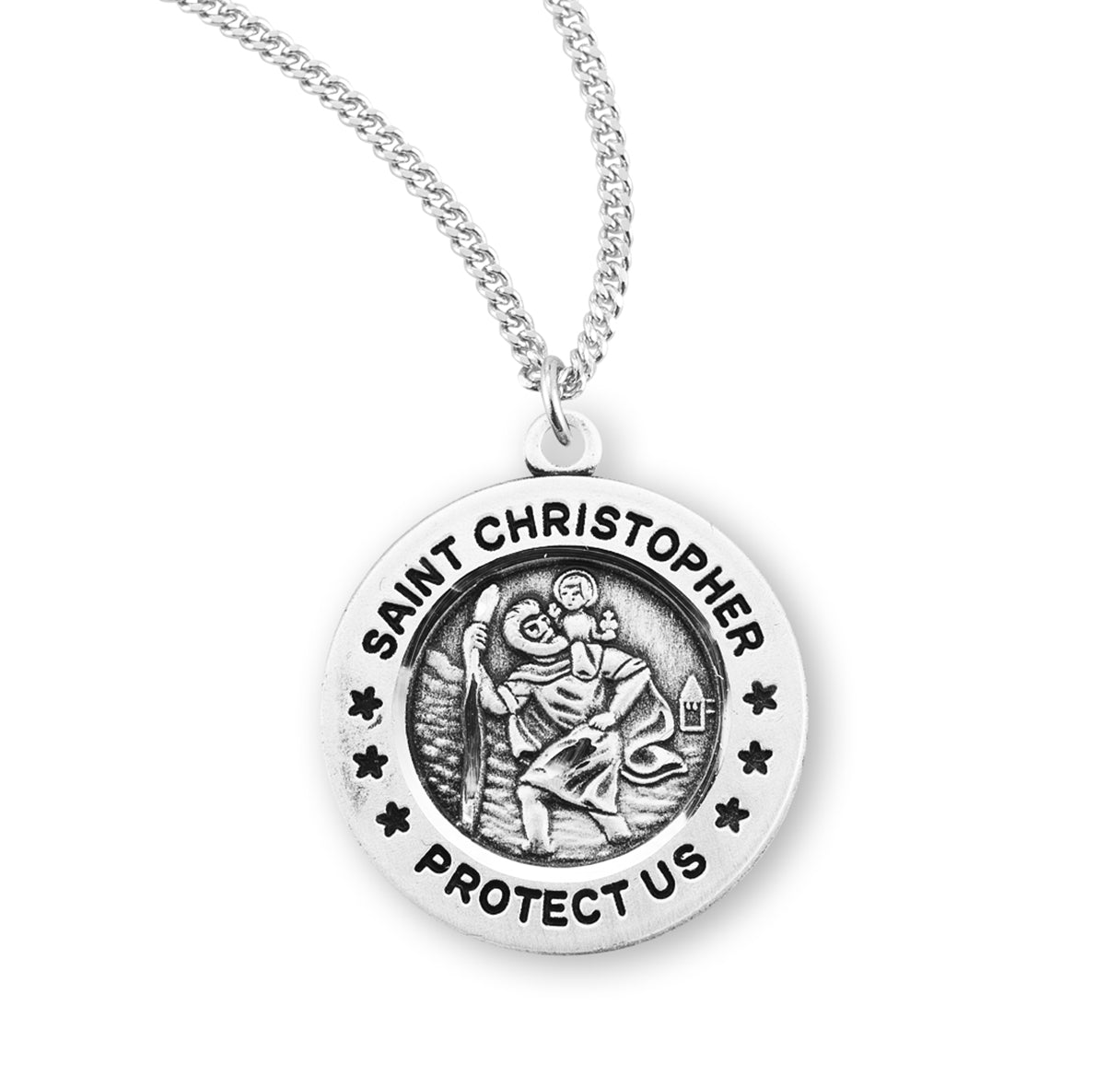 Saint Christopher Protect Us Round Sterling Silver Medal Pendant with Chain | .925 Silver