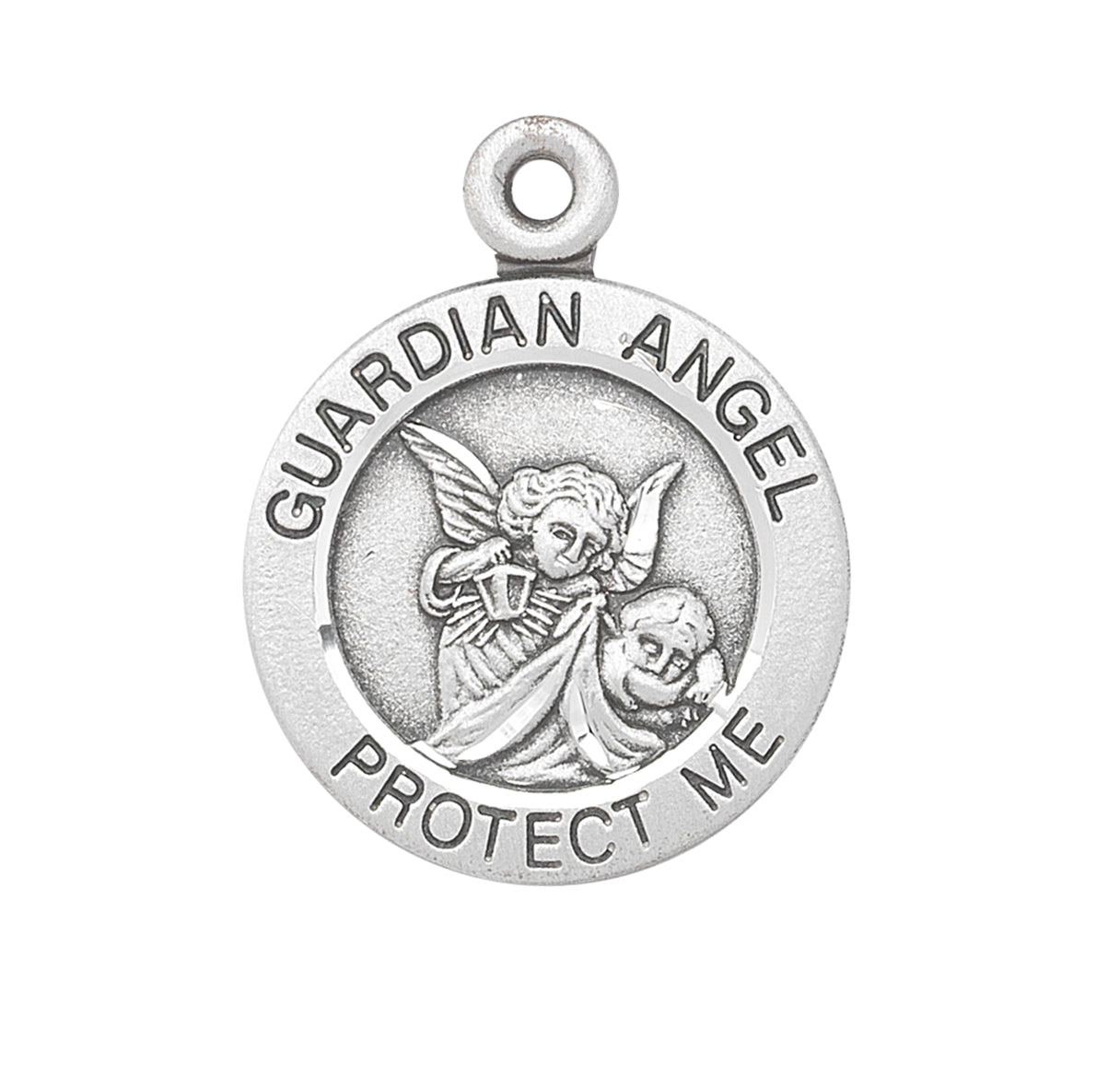 Guardian Angel Round Sterling Silver Medal Pendant with Chain | .925 Silver