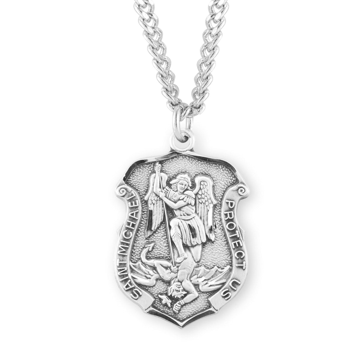 Saint Michael the Archangel Slaying Demon Sterling Silver Badge Medal Pendant with Chain | .925 Silver