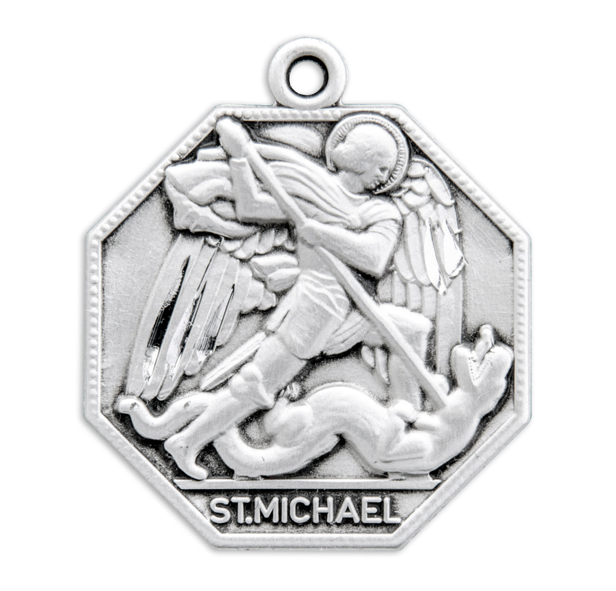 Saint Michael the Archangel Slaying Demon Octagon Sterling Silver Medal Pendant with Chain | .925 Silver